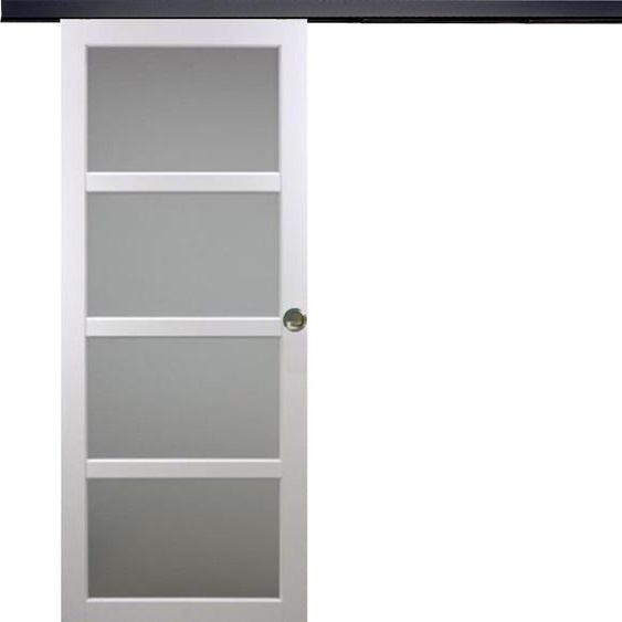 Porte Coulissante Tana blanc Vitree H204 x L73 + Rail Alu bandeau noir et Coquilles