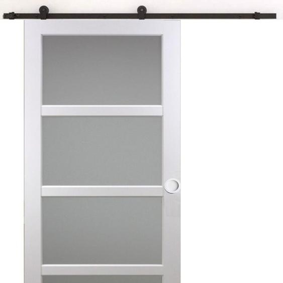 Porte Coulissante Tana Blanc Vitree H204 X L93 + Rail a Roulettes Et Coquilles Blanc