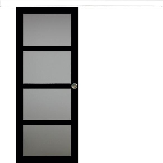 Porte Coulissante Telia Noir Vitree H204 x L83 + Rail Alu bandeau blanc et Coquilles