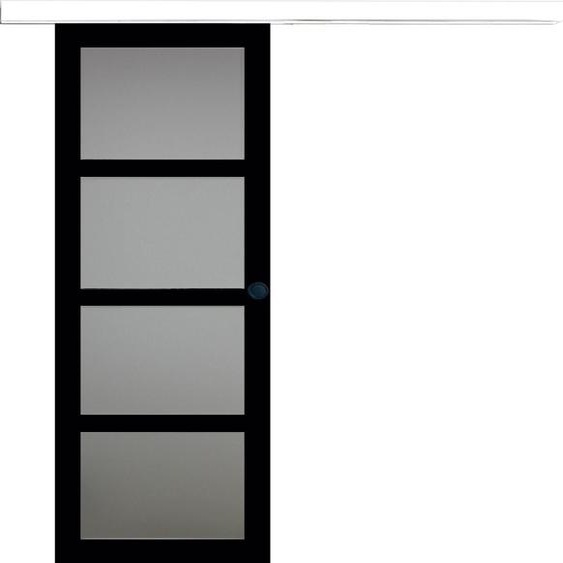 Porte Coulissante Telia Noir Vitree H204 x L83 + Rail Alu bandeau blanc et Coquilles Noir