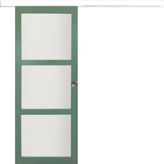 Porte Coulissante Vert Ral 6021 Vitree H204 x L83 + Rail Alu bandeau blanc et coquilles