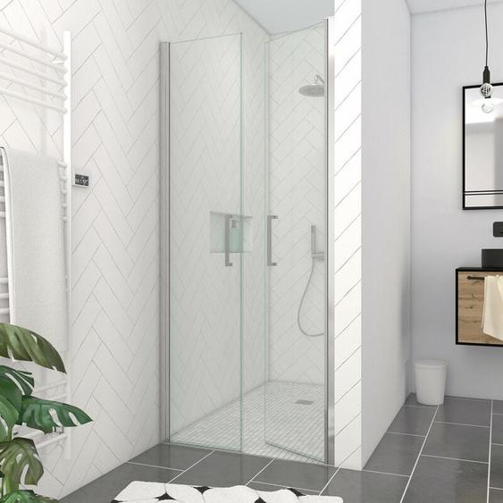 Porte de douche double battant 90x200cm - verre trempé transparent 6mm - profil chromé