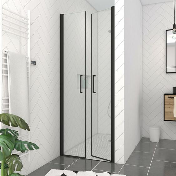 Porte de douche double battant 90x200cm - verre trempé transparent 6mm - profil noir mat