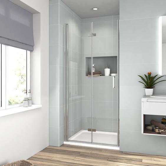 Porte de douche EMKE 120 x 195 cm, porte pliante, porte dencastrement, porte pliante dencastrement, paroi de douche, porte battante, paroi de douche en verre transparent de 6 mm, verre de sécurité trempé avec revêtement nano des deux côtés