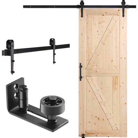 Porte de grange et kit de quincaillerie VEVOR Système de porte coulissante, 762 x 2133,6 mm Porte coulissante en bois, douce et silencieuse, kit de porte de grange avec guidage au sol 8 en 1 et poignée de porte, panneau en épicéa, facile à installer