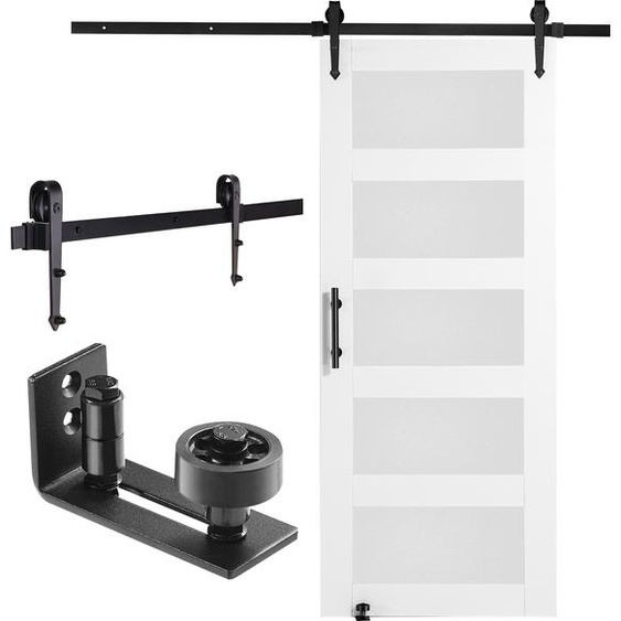 Porte de grange et kit de quincaillerie VEVOR Système de porte coulissante, 762 x 2134 mm Porte coulissante en bois et verre, silencieuse, kit de porte de grange avec guidage au sol 8 en 1 et poignée de porte, panneau en épicéa et verre dépoli, salon