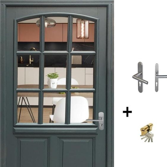 Porte dentree Bois vitree, Alexa , gris RAL7016, H215 x L80 p.Gauche Cote Tableau + Poignee Et Barillet (ref : N158RPL -IN158RCI)