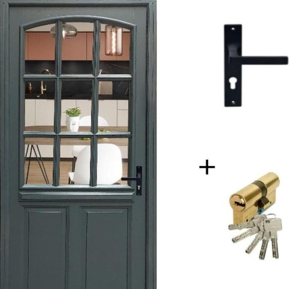 Porte dentree Bois vitree, Alexa , gris RAL7016, H215 x L90 p.Gauche Cote Tableau + Poignee Et Barillet (010723NO)