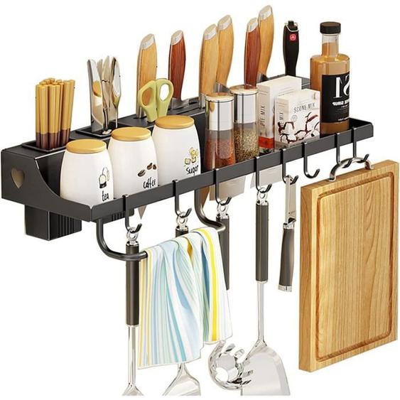 Porte Epices Cuisine Étagère Murale Cuisine Etagere a Epices Murale en Acier Inoxydable Support Epices avec 8 Crochet