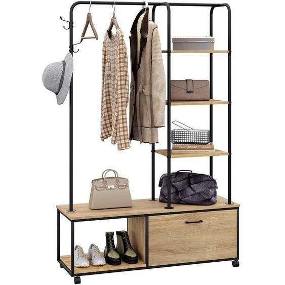 Porte Manteau à Roulette, Portant à Vêtement avec Étagère à Chaussure, 3Crochets et 1Armoire avec Porte, Chêne Clair+Noir 0210XJYJ