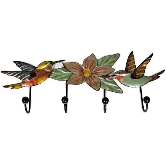 Porte Manteau Mural en métal décoration oiseaux Original Patère acier 4 crochets - Accroche torchons, serviettes, maison,L64xH28 cm