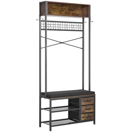 Porte-manteau, porte-manteau de 1 800 mm avec banc à chaussures et 3 tiroirs, meuble de rangement 3-en-1 sur pied avec étagère et tablette grillagée, porte-manteau dentrée à structure en acier pour lentrée, la chambre ou le placard