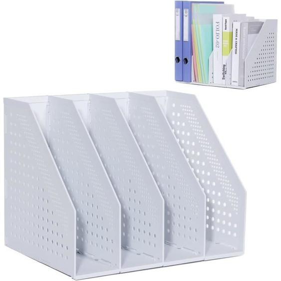 Porte-revues Pliable de Bureau à 4 Compartiments en Gris Clair - Rangement Vertical Grande Capacité pour Papier A4