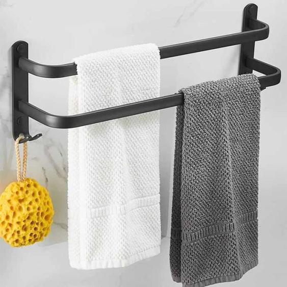 Porte Serviette Salle de Bain,Porte-Serviettes Adhésif Noir Mat, Porte-Serviettes en Alliage dAluminium Non Perforé (40cm, Double B