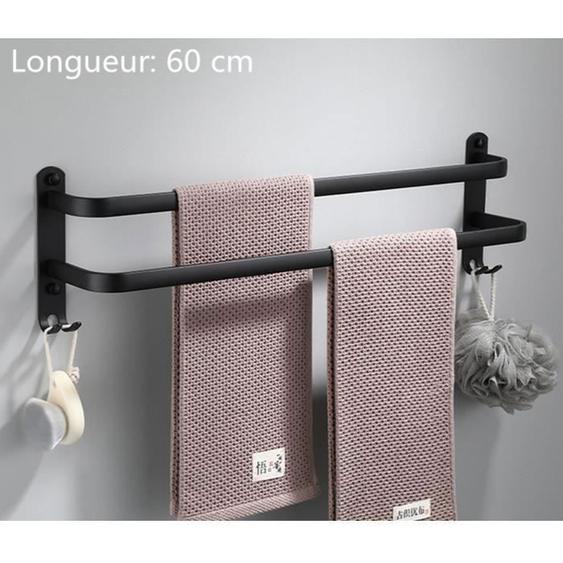Porte Serviettes 60cm Salle de Bains, Noir 2 Barres Porte Serviettes Mural Adhesif pour Douche et Cuisine, Étanche Barres Porte