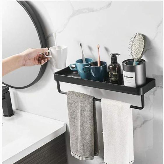 Porte-Serviettes, étagère carrée Salle de Tablette avec Towel et Mur montées sur Rail,Noir,30cm