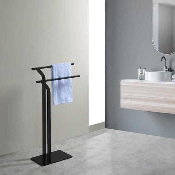 Porte-serviettes LEVIO, support à serviettes sur pied pour salle de bain en métal laqué noir