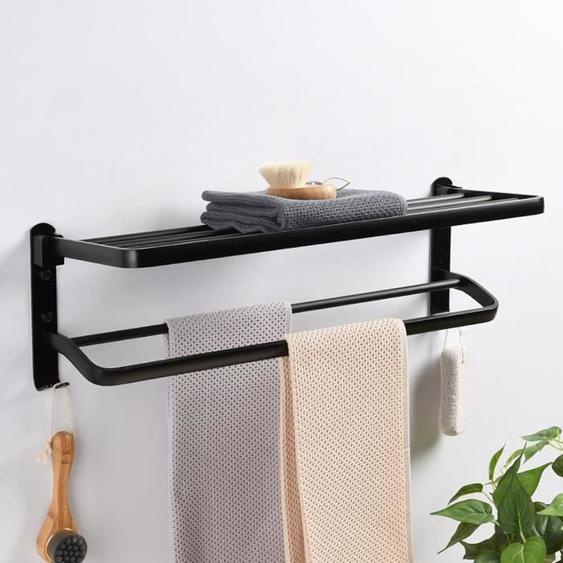 Porte-Serviettes Mural Pliable en Aluminium Noir TEMPSA - Style Vintage pour Salle de Bain