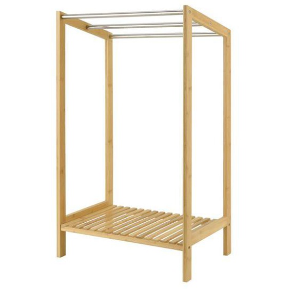Porte-serviettes sur pied - Naturel - 51 x 31 x 85 cm - 3 barres - Étagère intégrée - Bambou et acier inoxydable