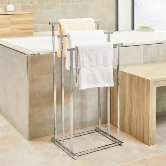 Porte-serviettes sur pied MATTIA portant pour vêtement et linge de salle de bain avec 3 niveaux détendage, en métal chromé