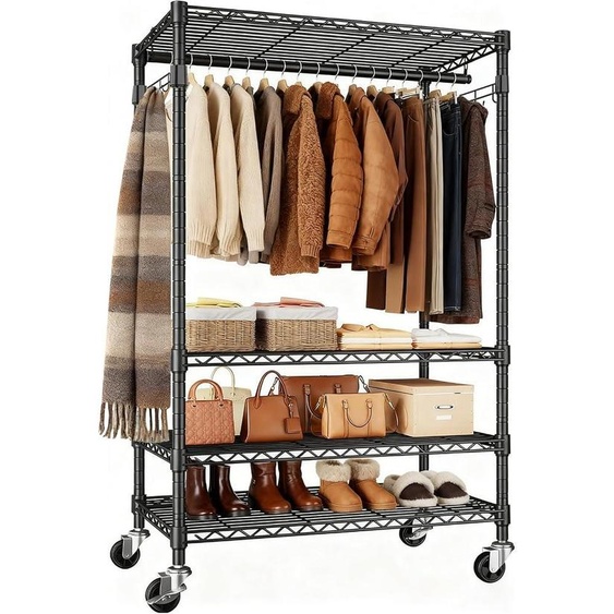 Porte-vêtements sur roulettes avec roulettes verrouillables et crochets latéraux | Porte-vêtements en métal robuste, étagère ouverte pour chambre à coucher, salon - 90 D x 43,5 W x 180 H