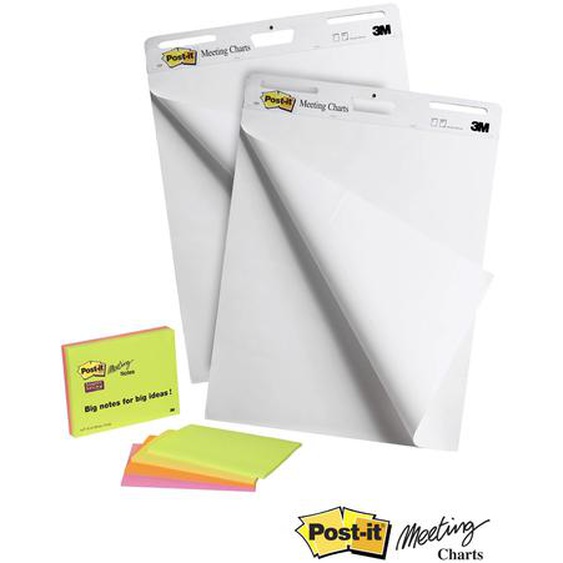 Post-it Recharge chevalet Meeting Charts papier autocollant blanc - L.63,5 x H.76,2 cm - Bloc de 30 feuilles - Lot de 2 + 4 meeting notes offertes