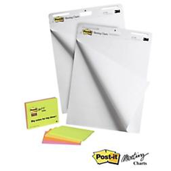 Post-it Recharge chevalet Meeting Charts papier autocollant blanc - L.63,5 x H.76,2 cm - Bloc de 30 feuilles - Lot de 2 + 4 meeting notes offertes