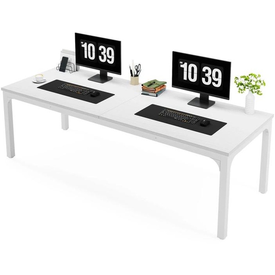 Bureau pour 2 personnes - Bureau dordinateur extra-long de 200 cm - Double poste de travail - Plateau rectangulaire - Bois de bouleau - Bureau pour le travail à domicile - Blanc