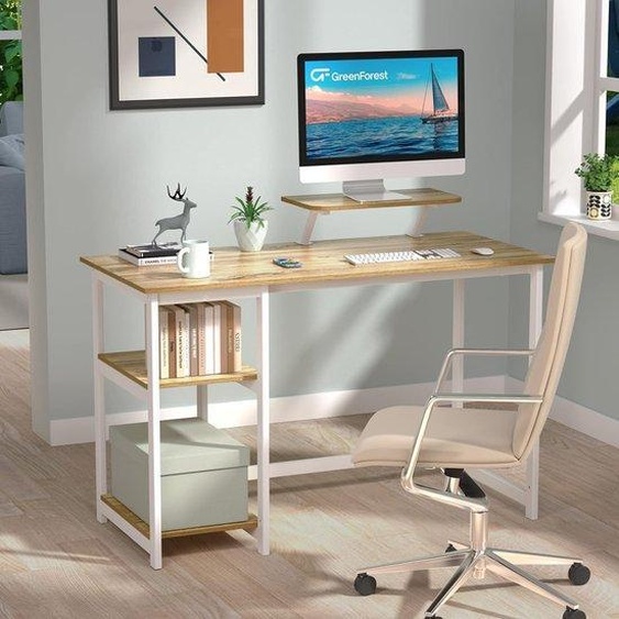 Poste de travail informatique avec support décran et tablette rabattable, bureau PC simple et moderne en chêne de 120 cm