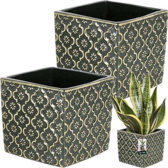 Pot de fleurs carré vintage vert foncé en céramique 13x13cm H : 13cm émaillé céramique 2 pièces - pour lintérieur.