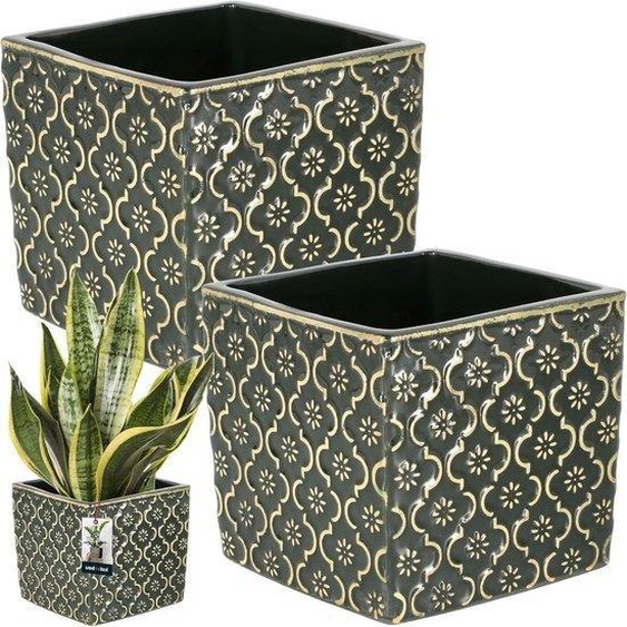 Pot de fleurs carré vintage vert foncé en céramique 13x13cm H : 13cm émaillé céramique 2 pièces - pour lintérieur.