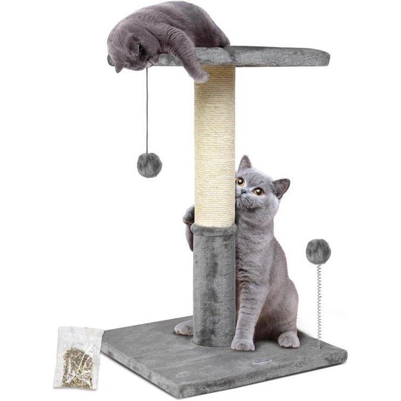 Poteau à griffer pour chat en sisal naturel de 66 cm avec plaque en peluche et balle, gris clair