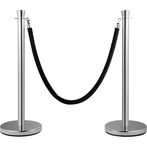 Poteau de contrôle des foules, lot de 2 pièces, lot de poteaux, lot de poteaux avec corde en velours noir de 1,5 m, barrière de contrôle des foules argentée avec base solide en béton et métal - assemblage facile