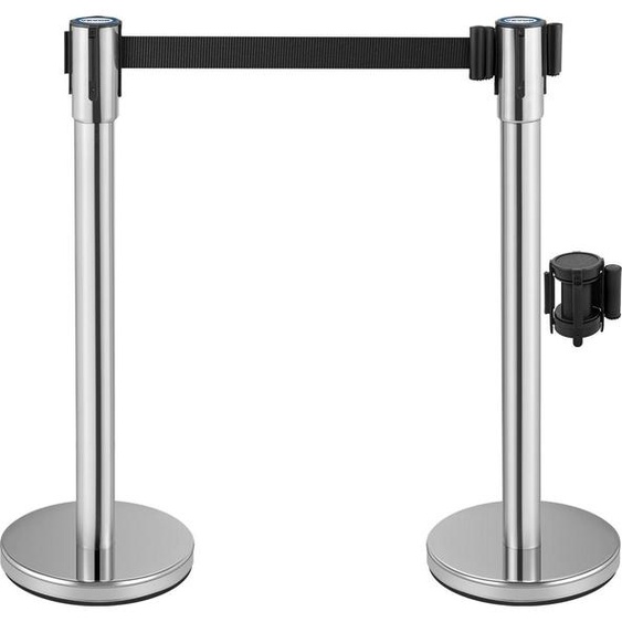 Poteau de contrôle des foules, lot de 2 pièces, lot de poteaux, lot de poteaux avec sangle rétractable noire de 2 m, barrière de contrôle des foules argentée avec base en béton et métal – Assemblage facile