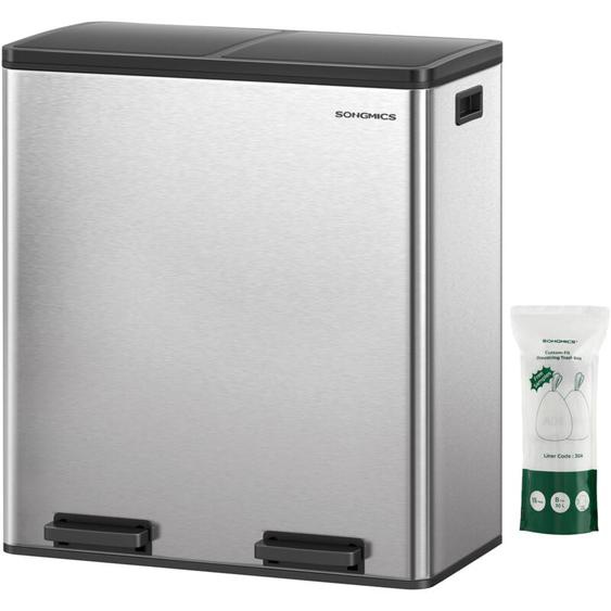 Poubelle à Double Compartiment 2 x 30 l, avec 15 Sacs Poubelles, Pédales en Métal, 2 Seaux Intérieurs en Plastique, Couvercles, Poignées, Fermeture