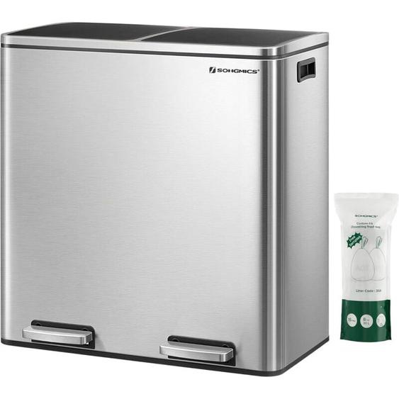 Songmics - Poubelle à Double Compartiment 2 x 30L, avec 15 Sacs Poubelles, Pédales en Métal, 2 Seaux Intérieurs en Plastique, Couvercles, Poignées,