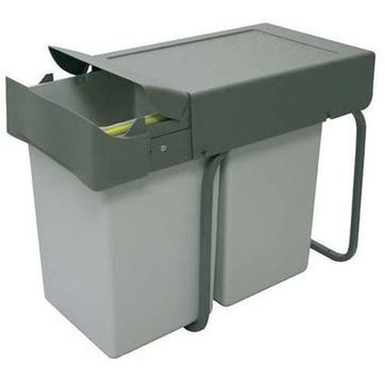Poubelle de cuisine coulissante - 2 bacs - 28 l - Nombre de seaux : 2 - Décor : Gris - Contenance : 28 l - Pour caisson de largeur : 300 mm - Hauteur