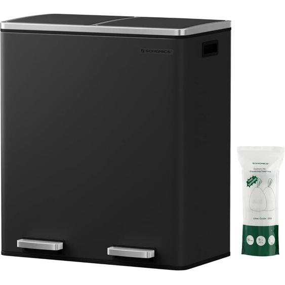 Songmics - Poubelle de cuisine tri sélectif LTB60BK - Noir - 2 x 30L - 2 seaux en plastique - 15 sacs poubelles - Pédales en métal - Couvercles