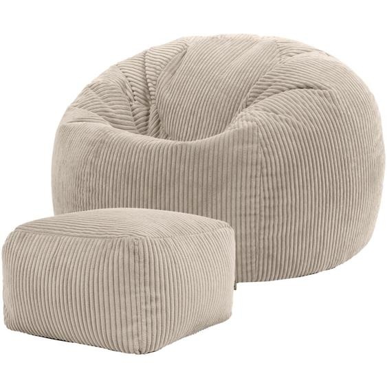 Pouf Classique en Velours Côtelé Kingston, Fauteuil Pouf pour Adultes, 85cm x 85cm x 50cm, Beige Galet, oeko-tex - Icon