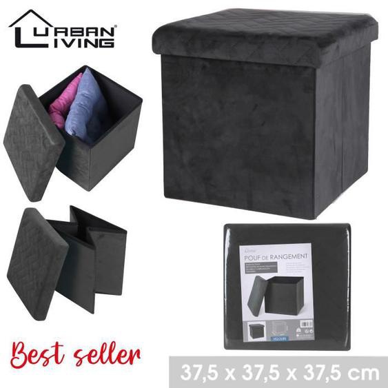 Pouf de rangement pliable noir aspect velours - Vintage - 37,5x37,5x37,5cm