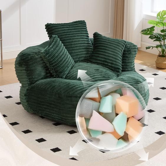 Pouf en velours côtelé – fauteuil de relaxation résistant et confortable avec dossier haut et 3 coussins, pour adultes et enfants, pouvant servir de siège individuel, vert foncé