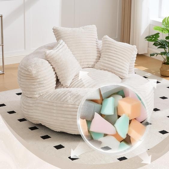 Pouf en velours côtelé – fauteuil de repos résistant et confortable avec dossier haut et 3 coussins, pour adultes et enfants, pouvant servir de siège individuel, beige