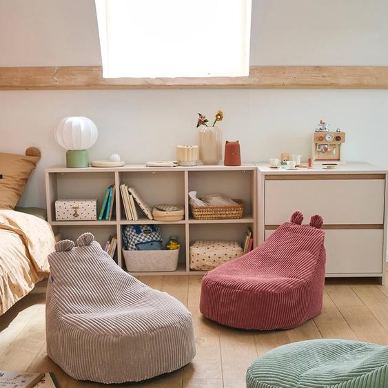 Pouf enfant en velours côtelé Ourson beige