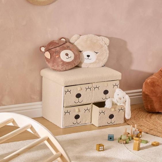 Pouf Pliant 4 Tiroirs En Bouclette - Ezzio Beige