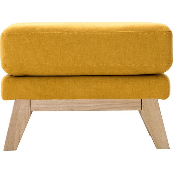 Pouf repose-pieds déhoussable scandinave en tissu effet velours jaune moutarde et bois clair OSLO