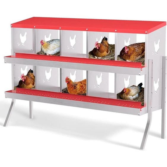Poulailler pour poules - Nichoir - 10 compartiments - Fixation murale - Acier inoxydable - Avec pieds - Rouge