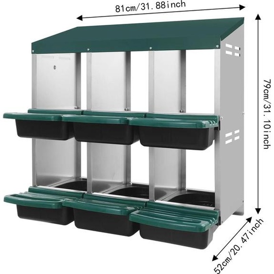 Poulailler pour poules - Nid de ponte à 6 compartiments - Pente inclinée pour la collecte des ufs - Aéré et étanche, en acier et plastique - Modèle sur pied ou à fixer au mur - 81 x 52 x 79 cm, vert
