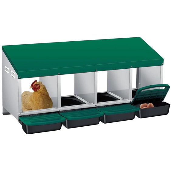 Poule-grange avec nichoirs - Nid intégré - Montage mural ou au sol - 4 compartiments - Collecte automatique des ufs - Acier galvanisé - Adapté aux poules, canards et oies - Vert
