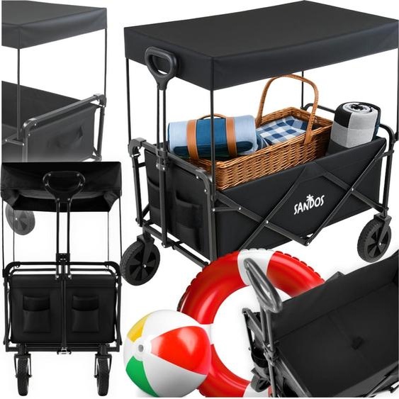 Poussette de plage avec capote, remorque, 100kg, noire, pliable
