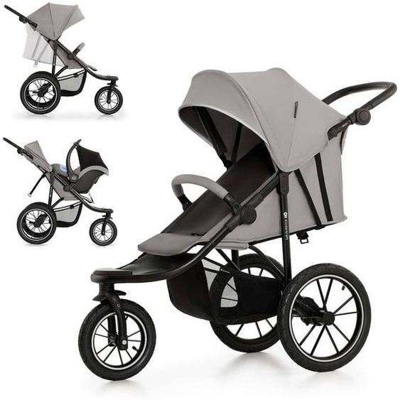 Poussette Tout-terrain Kinderkraft Helsi 2 Avec 3 Roues Gonflables Amorties, Dossier Allongé Et Poignée Réglable Gris